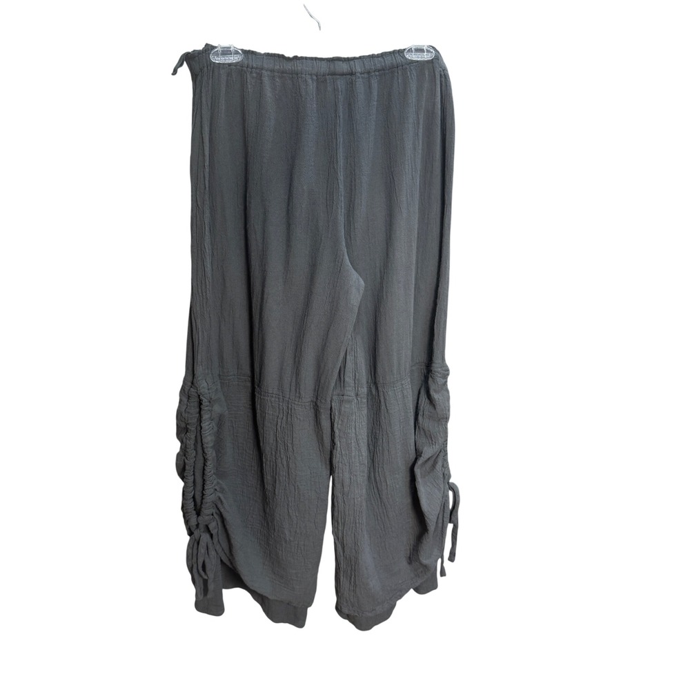 Oh My Gauze Womens Pants Large Greenish Grey Cotton Ruched Drawstring Boho - Picture 2 of 9